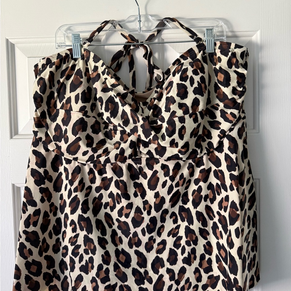 Kona Sol Leopard Print Halter Swim Top - Cream/Brown/Black